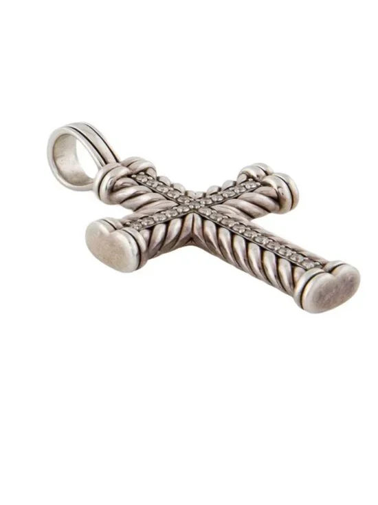 DAVID YURMAN DIAMOND STERLING SILVER 925 CHEVRON CROSS PENDANT - Picture 5 of 8